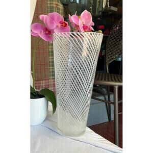 Hand Blown Vintage Murano Artistan Glass White Swirl Vase